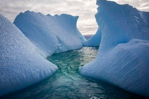 Icebergs surround Galindez Island in Antarctica