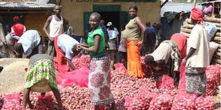 Women pack onions into nets in Ortum, West Pokot County