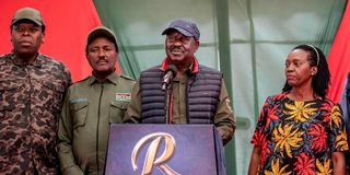 Azimio leaders led by Mr Raila Odinga addressing the media at Jaramogi Oginga Odinga Foundation Press Centre in Upper Hill