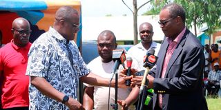 ICT Cabinet Secretary Eliud Owalo and Trade and Industrialisation Chief Administrative Secretary Evans Kidero