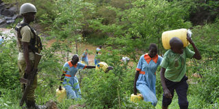 A policeman watches over pupils of Kapindasum Primary School in Baringo South Constituency, Baringo County as they fetch water 