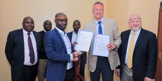 Harding University Assistant Vice President for enrollment services David Hull (left) and Elgeyo Marakwet Governor Wisley Rotich