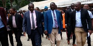 Opposition leader Raila Odinga (centre) walks out after an Azimio Parliamentary Group meeting in Nairobi 