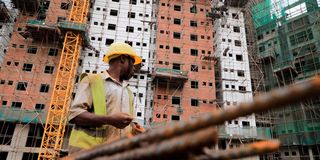 A worker at affordable housing units under construction at Pangani Redevelopment Site