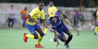 Johnson Singoei (left) of Sikh Union vies with Oscar Kibet of Western Jaguars