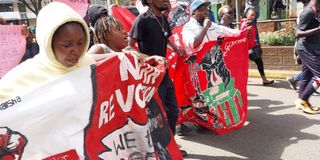Activists marching towards Parliament Buildings as they protest against the Finance Bill 2023. 