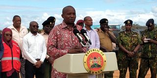 Interior CS Kithure Kindiki addresses the press at Shakahola Command Cente