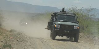 A KDF convoy with soldiers heading towards Arabal in Baringo County from Marigat on March 14, 2023