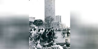 Hawkers sell their wares in Nairobi in 1980.