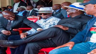 President William Ruto and Azimio leader Raila Odinga at Kipkeino Classic at Moi Sports Center Kasarani 