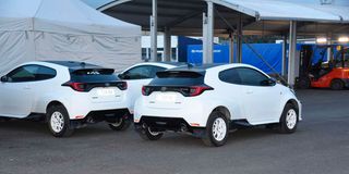 Some of the unbranded WRC Safari Rally cars at the Service Park 