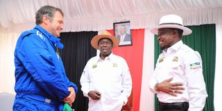 Deputy President Rigathi Gachagua (centre) chats with Sports Cabinet Secretary Ababu Namwamba