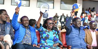 Raila, Kalonzo and Karua at Kasarani for final rally.