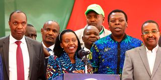 Azimio leaders led by Martha Karua addressing journalists during an Azimio presser at the Jaramogi Oginga Odinga Foundation