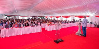 Deputy President Rigathi Gachagua making his address during the Coffee Stakeholders Conference in Meru County