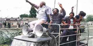 Opposition leaders heading to Kamukunji Grounds July 7, 1990.