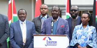Azimio leaders led by Raila Odinga address journalists at SKM Command Centre on July 4, 2023.