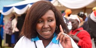 National Assembly Deputy Speaker Gladys Boss Shollei speaking at Burnt Forest Sub-County Hospital in Uasin Gishu County