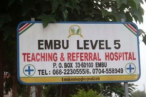 A sign outside Embu Level Five Hospital 