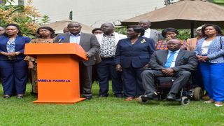 ODM chair John Mbadi addresses journalists accompanied by other ODM leaders