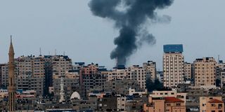 Gaza City's skyline during an Israeli air strike