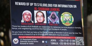 A placard bearing pictures of al-Shabaab leaders Mahad Karate,Jehad Mostafa and Ahmed Diriye