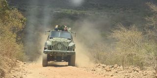 An armored personnel carrier patrols Marigat-Mochongoi road in Baringo County on February 16, 2023