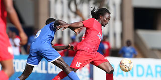 Posta Rangers midfielder Jackson Macharia (right) vies with Bandari midfielder Jackson Dwang