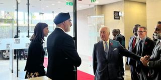 Businessman Jaswant Rai speaks with King Charles III