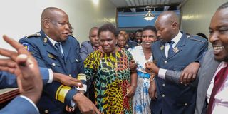 Meru Governor Kawira Mwangaza (centre) at Parliament Buildings 