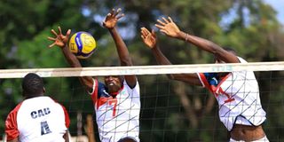 General Service Unit players Obadiah Kiptoo (left) and Emmanuel Kogo block an attack 