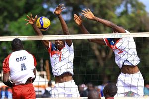 General Service Unit players Obadiah Kiptoo (left) and Emmanuel Kogo block an attack 