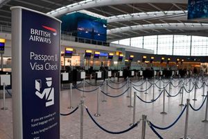 Unused check-in desks at Heathrow airport.
