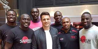 Lamech Bogonko (second right) poses with former Kenya Sevens players