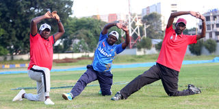 Kenya cricket legend Steve Tikolo (left) leads his former teammates David Asiji and Josphat Ababu