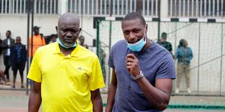 Nairobi Water coach Jack Ochieng (left) consults with his assistant Thodosia Sangoro 