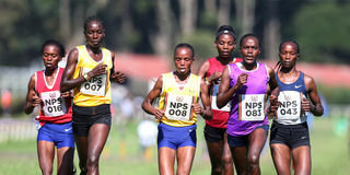 Beatrice Chebet (centre) commands the leading pack 