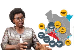 Controller of Budget Margaret Nyakang’o and a map of the best and worst counties to do business with.