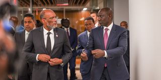 President William Ruto and Haitian Prime Minister Ariel Henry at State House, Nairobi on Friday.