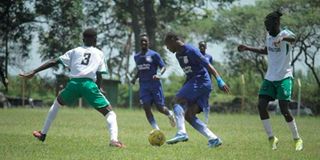Salim Barisa (centre) of Bandari in action against Bungoma Stars 