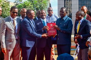 Raila Odinga holds a copy of a copy of Nadco report 