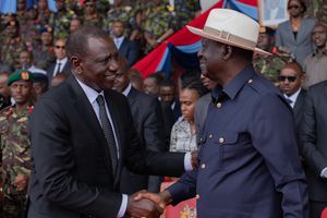 President William Ruto and Azimio leader Raila Odinga at the Ulinzi Sports Complex in Nairobi on April 20, 2024.