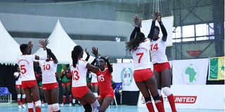 Kenya Prisons players celebrate a point during their African Clubs Championship match against NC Bejaia 