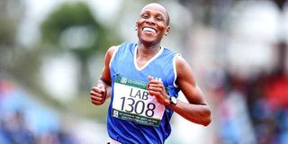 Laikipia Airbase’s Simon Koech celebrates after winning the men’s 3,000m steeplechase final during the Kenya Defence Force Track