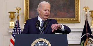 US President Joe Biden delivers remarks on the Middle East in the State Dining room at the White House