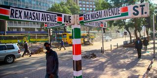 Road signage, re-labelled after Rex Masai along Kenyatta Avenue, Nairobi.