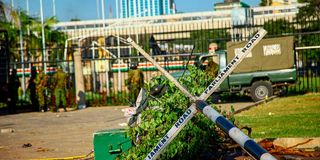 Uprooted Road signage, outside Parliament buildings, Nairobi.