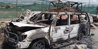 he charred shell of a car at Molo MP Kuria Kimani's residence
