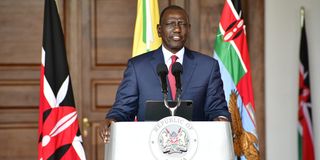 President William Ruto delivers his speech at State House, Nairobi.