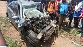 wreckage of car involved in accident with lorry in Mbaruk